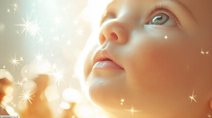 Fototapeta premium Innocence and wonder: inspirational baby portrait with magical light effects for spiritual stories