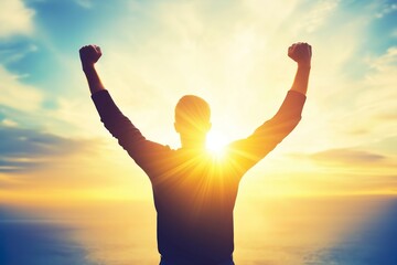 Fototapeta premium Man celebrating success at sunrise with raised arms
