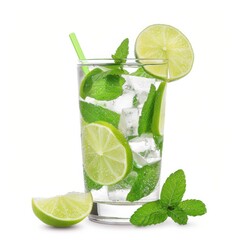 A refreshing Mojito with lime slices and mint leaves, showcased against an isolated white...