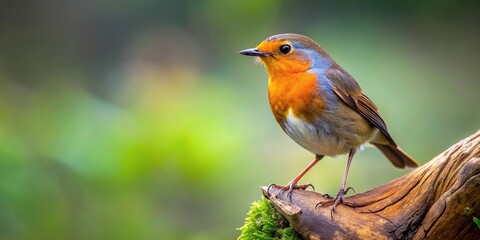 Robin bird perched on tree stump in forest