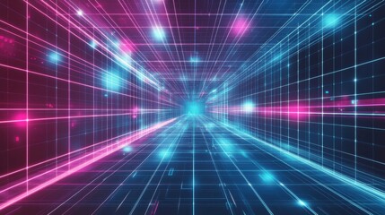 A futuristic vector background with neon-colored gridlines and 3D shapes, evoking a virtual reality or tech theme, perfect for presentations and marketing