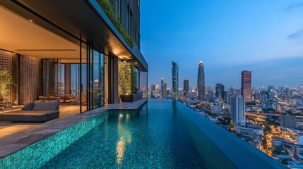 Fototapeta premium Infinity Pool Overlooking a City Skyline at Dusk