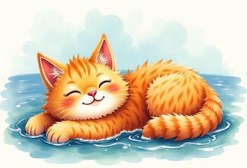 Fototapeta premium Sunny Orange Fluffy Cat Enjoying a Peaceful Nap in the Sea: A Whimsical Watercolor Dreamscape 