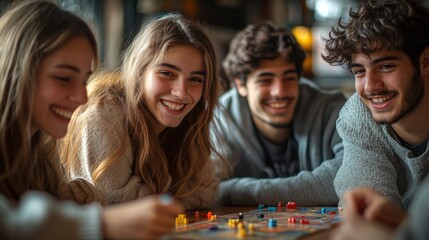 Fototapeta premium Group of friends playing board games in a living room. Featuring fun interaction and social activity. Highlighting entertainment and togetherness. Ideal for social and lifestyle content.