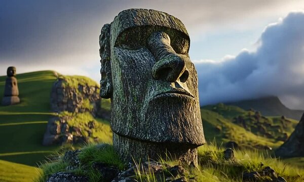 A close-up of a Moai statue on Easter Island, surrounded by lush grass and dramatic clouds.