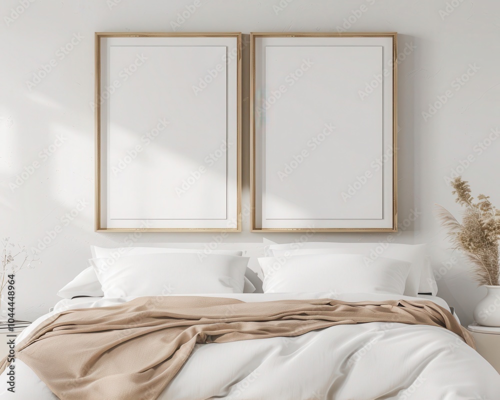 Wall mural two blank vertical gold frame mockups above a bed with white pillows and beige blanket in a minimali