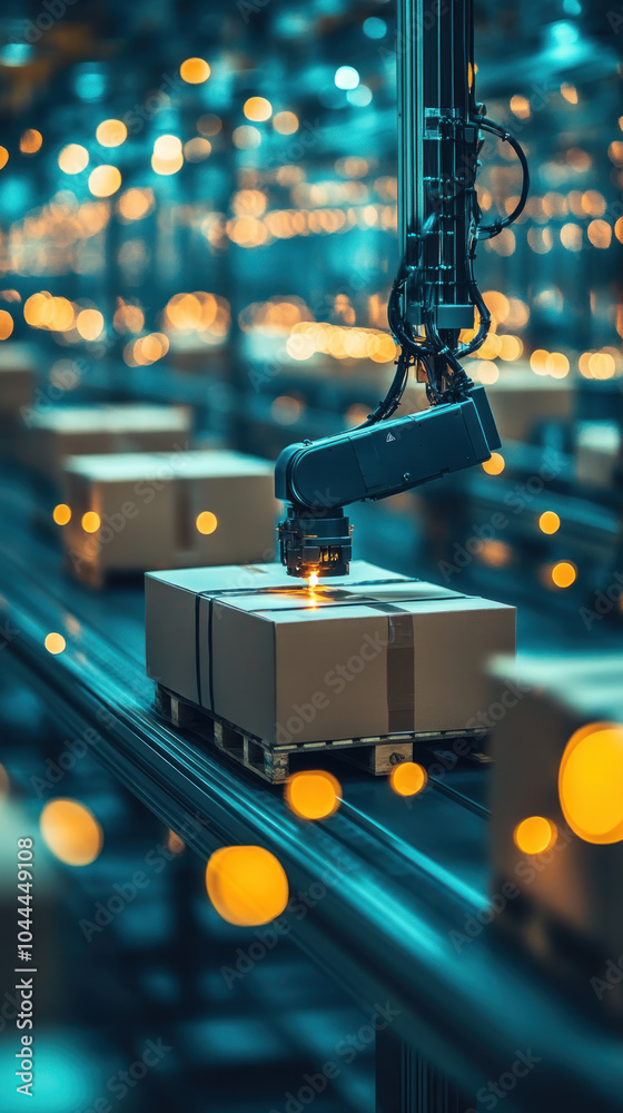 Poster a robot is working on a conveyor belt with boxes. the robot is focused on a box in the middle of the