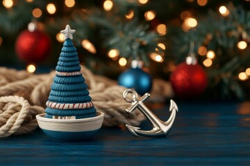 Decorative nautical Christmas tree with anchor on a festive background. © Jenjira