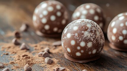Obraz premium Chocolate Truffles with White Dots and Cocoa Powder on Wooden Surface