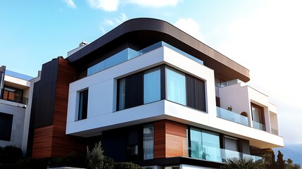 Obraz premium Modern architectural design with a sleek exterior featuring glass, white, and wood paneling.
