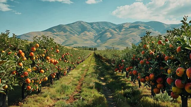 This Rows of apple trees bear ripe fruit against a vibrant mountain backdrop on a clear day.