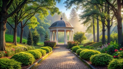 Obraz premium Serene tree lined path to majestic gazebo in ethereal garden