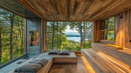 Modern Wooden Cabin Interior with Lake View
