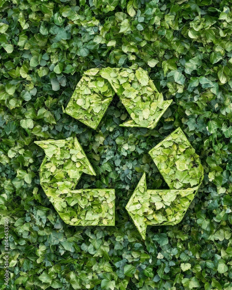 Poster symmetrical leaf-filled recycling symbols forming a geometric pattern