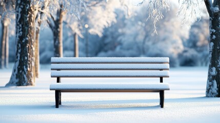 Serene snow-covered park bench in winter landscape
