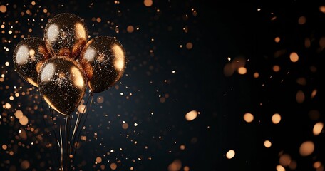 Golden balloons on black background,
New Year's celebration