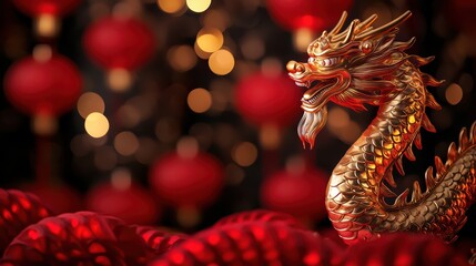 Fototapeta premium Golden dragon amidst festive red lanterns