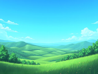 Animated landscape featuring vibrant green hills and lush trees under a bright blue sky.