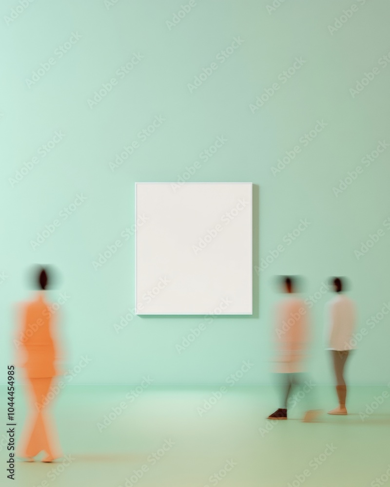 Poster minimalist mockup blurred figures pass by blank poster frame on a soft green wall in retail setting 
