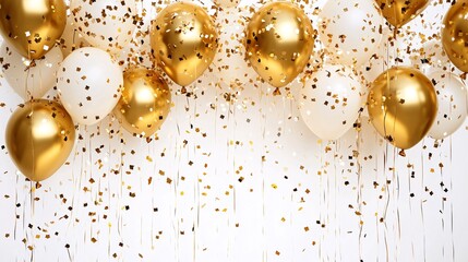 Luxury festive background with gold balloons and scattered golden confetti on white background, Premium background for a festive birthday celebration.
