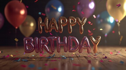 Happy birthday balloons foil on ground with confetti