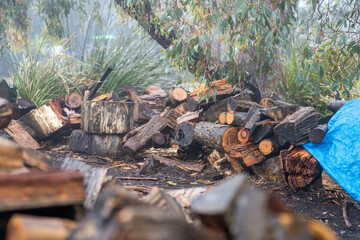 Pile of stacked firewood in a Garden by a house in Tasmania Australia