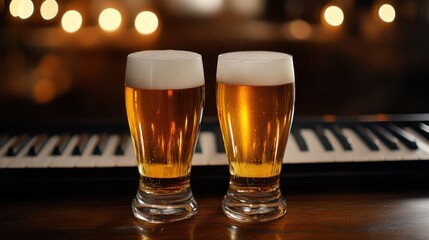 Two Glasses of Beer on a Bar Counter with a Keyboard in the Background