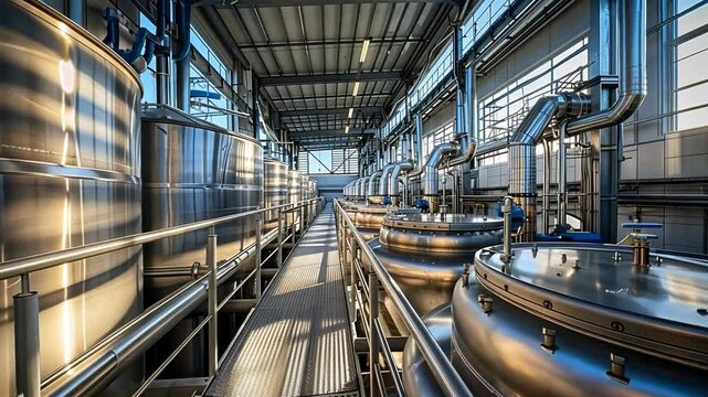 This facility features rows of gleaming stainless steel tanks and pipes in bright light.