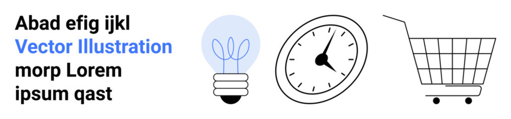 Light bulb representing ideas, clock symbolizing time, and shopping cart for e-commerce with lorem ipsum text. Ideal for creativity, innovation, time management, efficiency, and online shopping