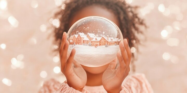 African American Girl Holding Snow Globe in Festive Dress, Exploring Christmas Village