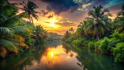 Obraz premium Serene tropical sunset over lush jungle river