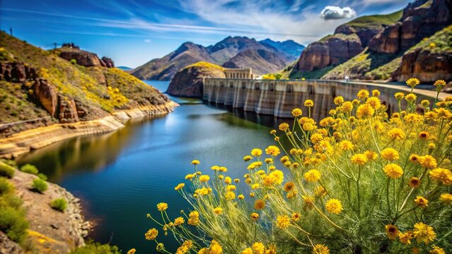 Roosevelt Dam in spring with Brittlebush flowers, shallow depth of field
