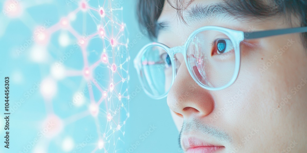 Poster focused korean male scientist analyzing ai data on large screen at night in modern lab
