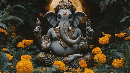 Sacred Ganesha Statue Surrounded by Vibrant Flowers