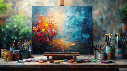 Individual painting on a canvas in a bright studio. Featuring various paint supplies and natural light. Emphasizing creativity and artistic expression. Ideal for art blogs.
