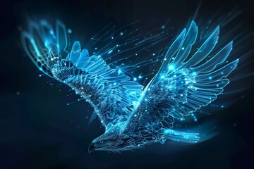 Abstract Eagle in Flight with Blue and White Glowing Feathers