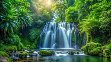 Fototapeta premium Serene waterfall cascading through lush greenery panoramic