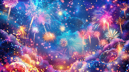 Fototapeta premium Colorful fireworks bursting in the night sky during a festive celebration.