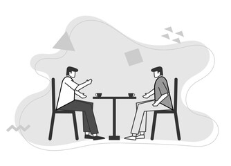 flat illustration of characters sitting face to face with a cup of coffee at the table