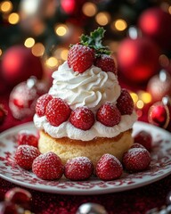 Delicious Strawberry Shortcake with Whipped Cream and Festive Lights