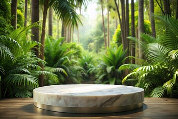 Fototapeta premium Round marble podium in a tropical forest setting with a tilted angle