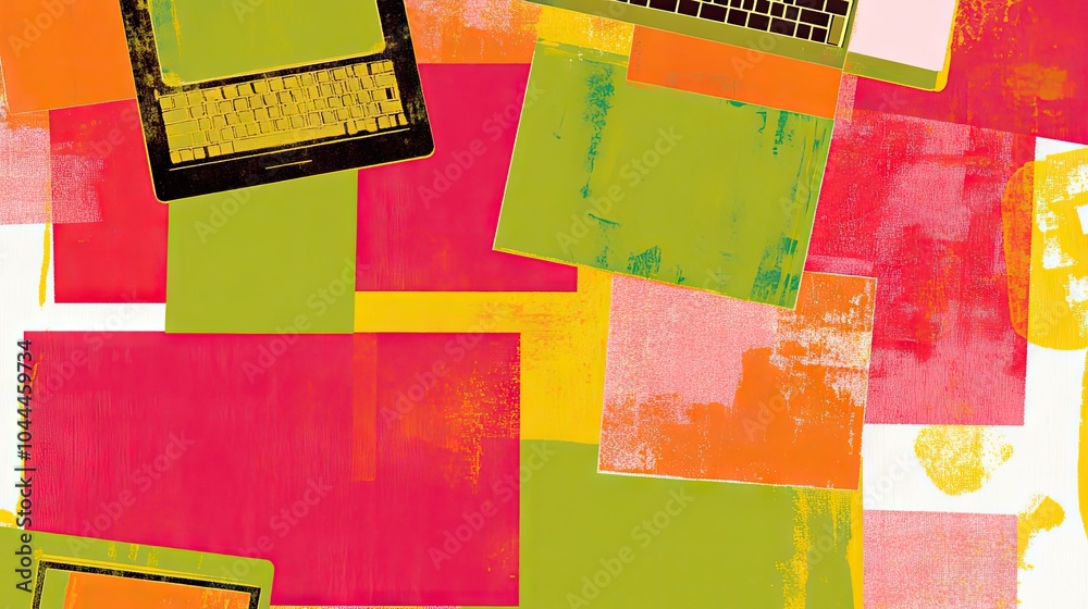 Poster abstract background showing multiple laptops with open applications and vibrant screens, symbolizing