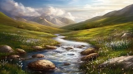 An anime cartoon river running through a scenic valley, with rocks, flowers, and soft hills in the background, creating a tranquil, vibrant scene.