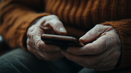 An elderly person's hands hold a smartphone, showcasing the intersection of technology and aging, with a focus on connection and modern communication.