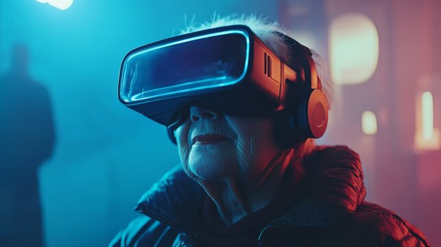 An elderly woman enjoys virtual reality, wearing a VR headset, amidst colorful lighting, showcasing technology's reach across generations.