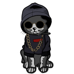 A grey cat wearing dark grey hoodie, chain and shades
