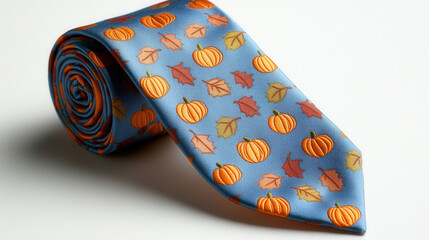 Festive Thanksgiving tie featuring vibrant orange pumpkins and autumn leaves on blue background, perfect for seasonal celebrations and gatherings