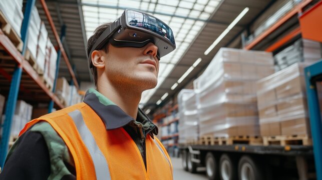 A worker in a warehouse wears augmented reality glasses for enhanced efficiency amidst stacked pallets and logistics operations.