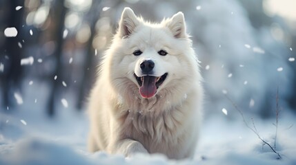 Obraz premium Happy White Dog Playing in the Snow
