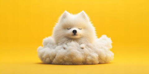 Banner adorable fluffy dog on cloud, eyes closed in peaceful rest, serene yellow background creates cheerful uplifting atmosphere